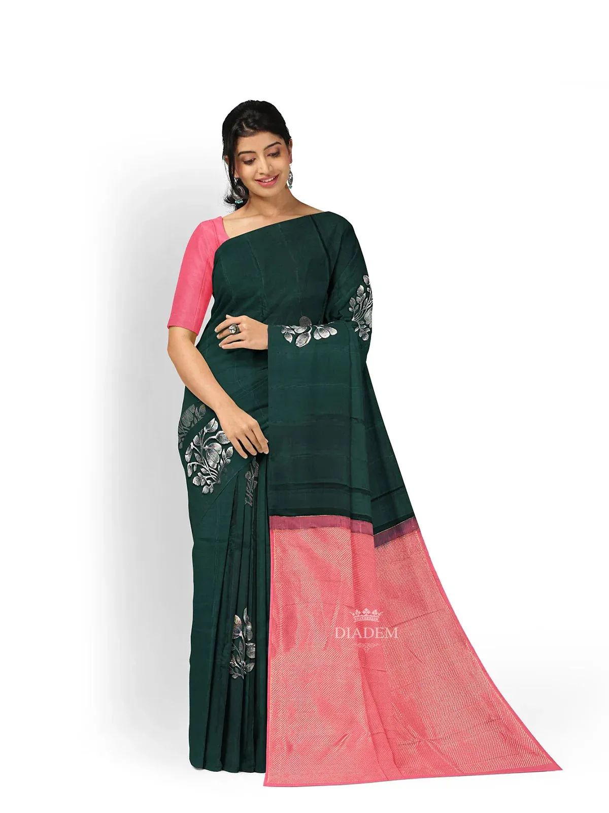 Dark Green Pure Kanchipuram Silk Saree with Floral Motif on the Body and without Border