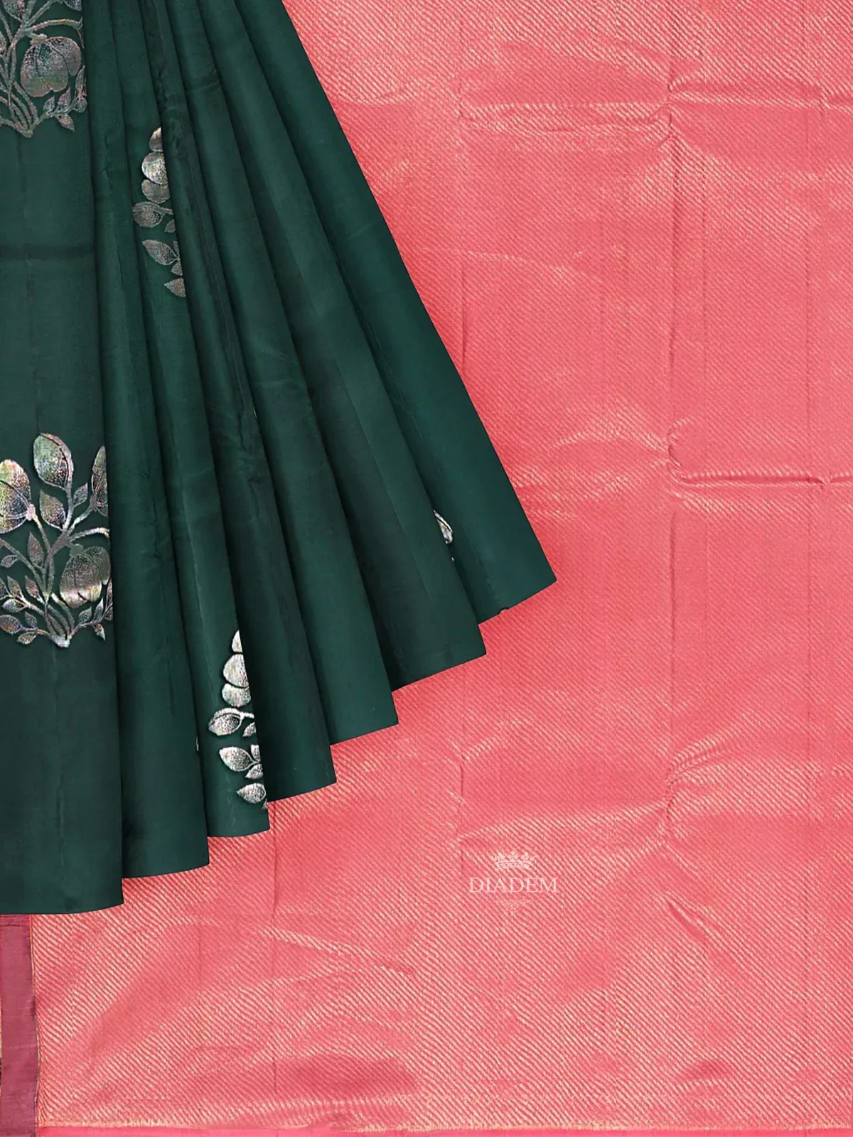 Dark Green Pure Kanchipuram Silk Saree with Floral Motif on the Body and without Border