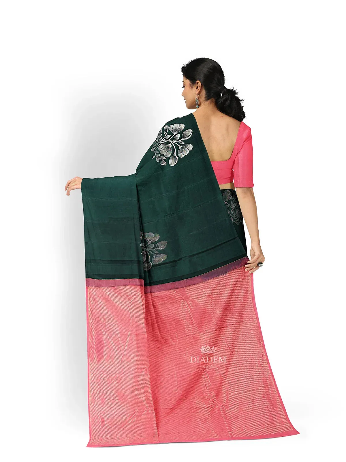 Dark Green Pure Kanchipuram Silk Saree with Floral Motif on the Body and without Border