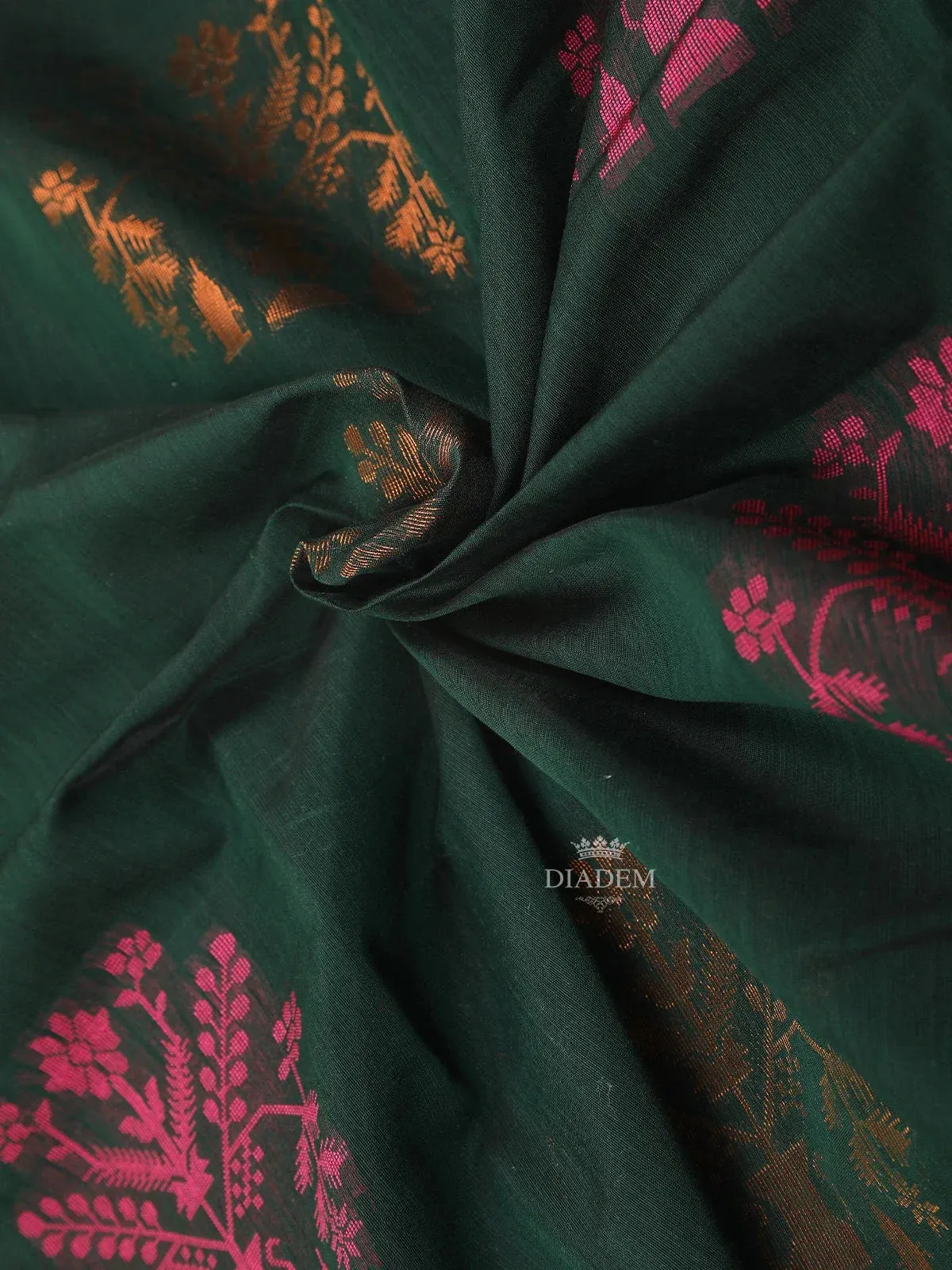 Dark Green Silk Cotton Saree with Tree Motif on the Body with Contrast Border