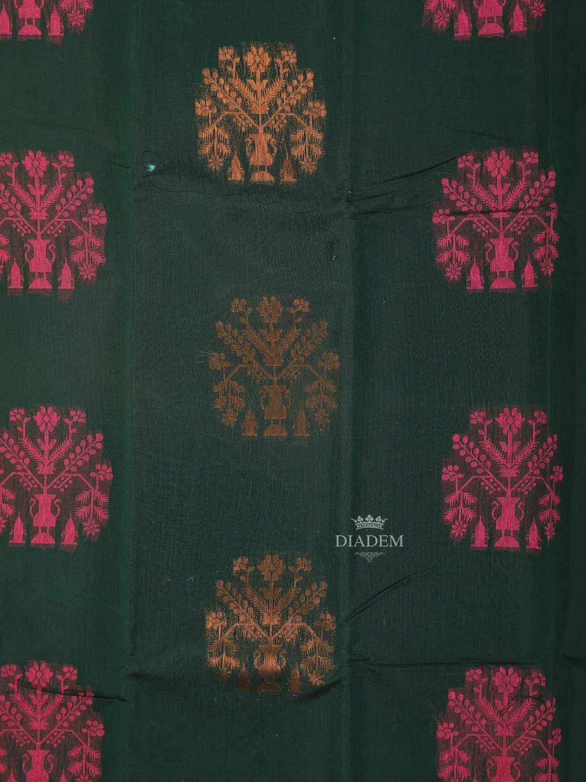 Dark Green Silk Cotton Saree with Tree Motif on the Body with Contrast Border