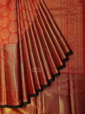 Dark Orange Pure Kanchipuram (Bridal) Silk Saree with Design Motif on the Body and Peacock Motifs Zari Border