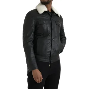 Dolce & Gabbana Black Leather Fur Collar Biker Coat Jacket