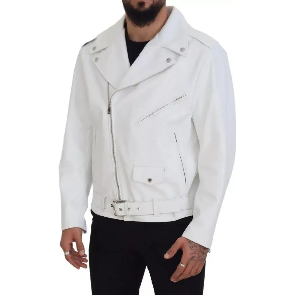 Dolce & Gabbana White Leather Biker Coat Zipper Jacket