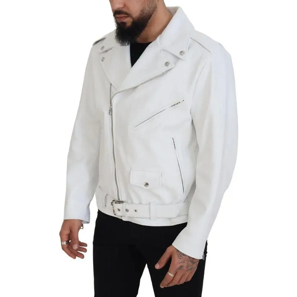 Dolce & Gabbana White Leather Biker Coat Zipper Jacket