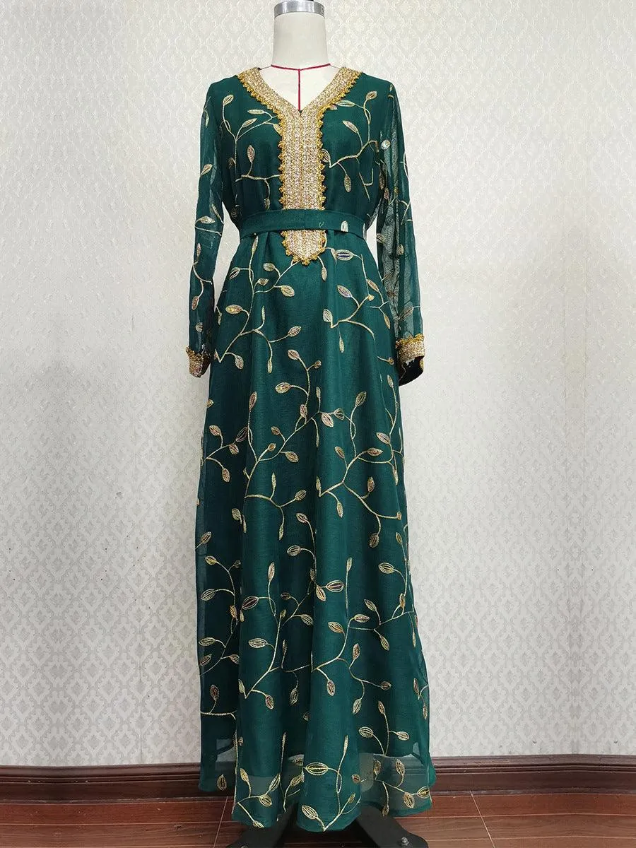 Embroidered Ocean Green Muslim Evening outfit with Belt