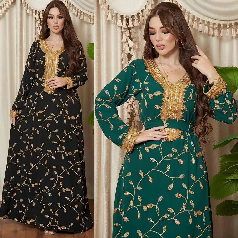 Embroidered Ocean Green Muslim Evening outfit with Belt