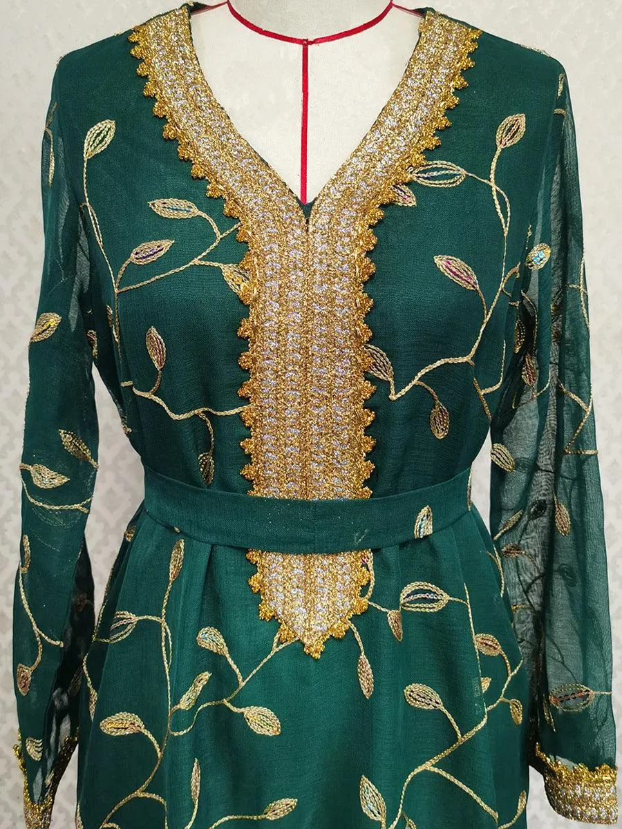 Embroidered Ocean Green Muslim Evening outfit with Belt