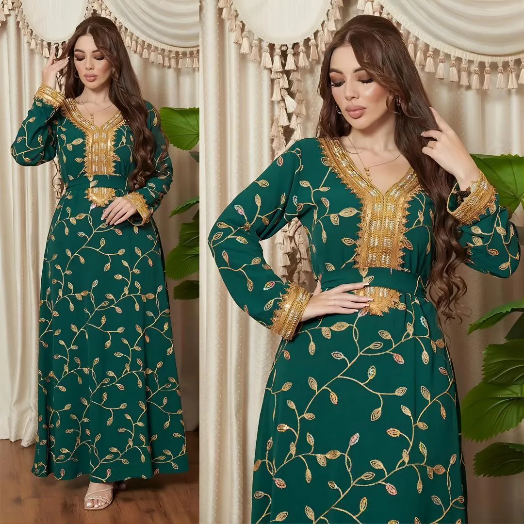 Embroidered Ocean Green Muslim Evening outfit with Belt