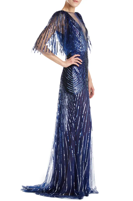 Embroidered Sapphire Evening Gown