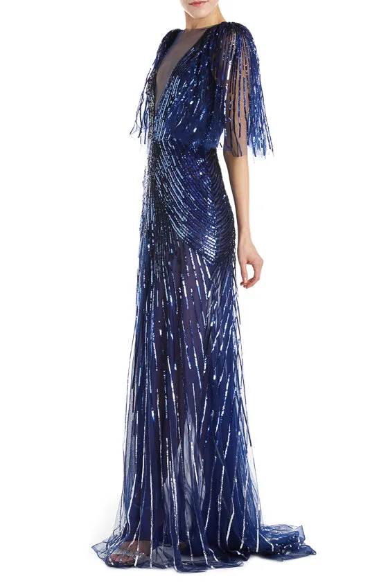 Embroidered Sapphire Evening Gown