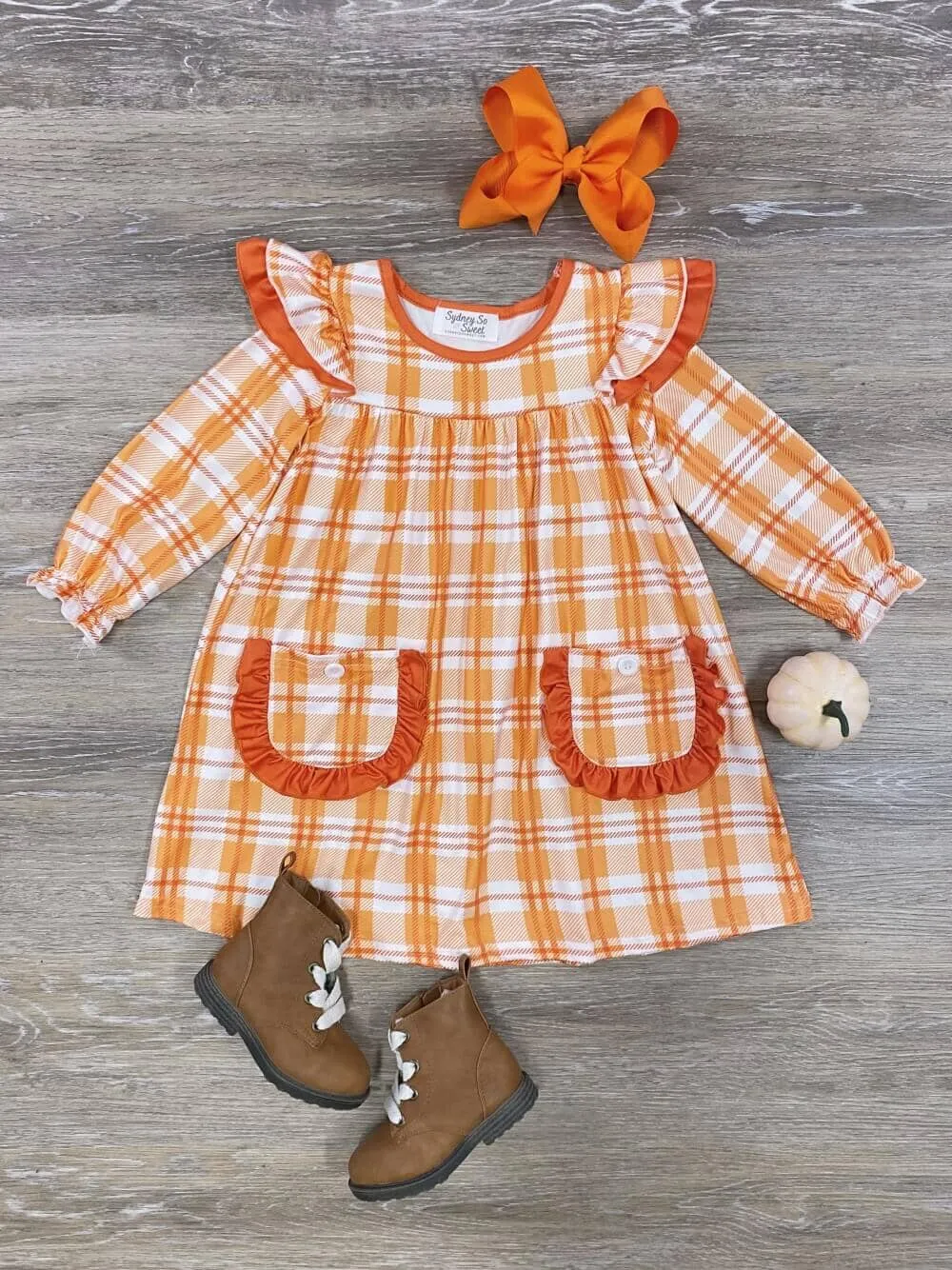 Fall in Love Orange Plaid Girls Ruffle Pocket Dress