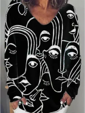 Fashion casual abstract face print long-sleeved loose top