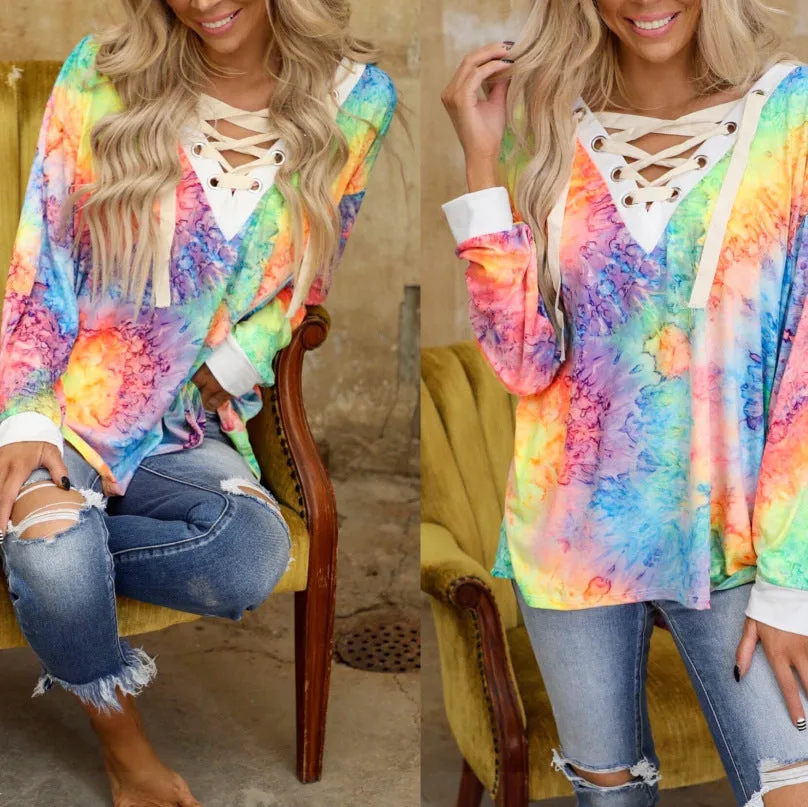 Fashion cool tie-dye printing long-sleeved V-neck tie casual T-shirt top