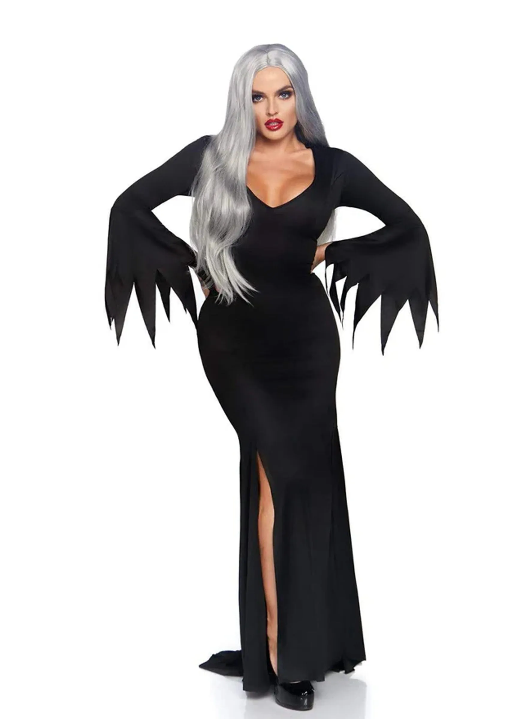 Floor Length Bodycon Gothic Dress  with High Leg Side Slit and Plunging V-Cut