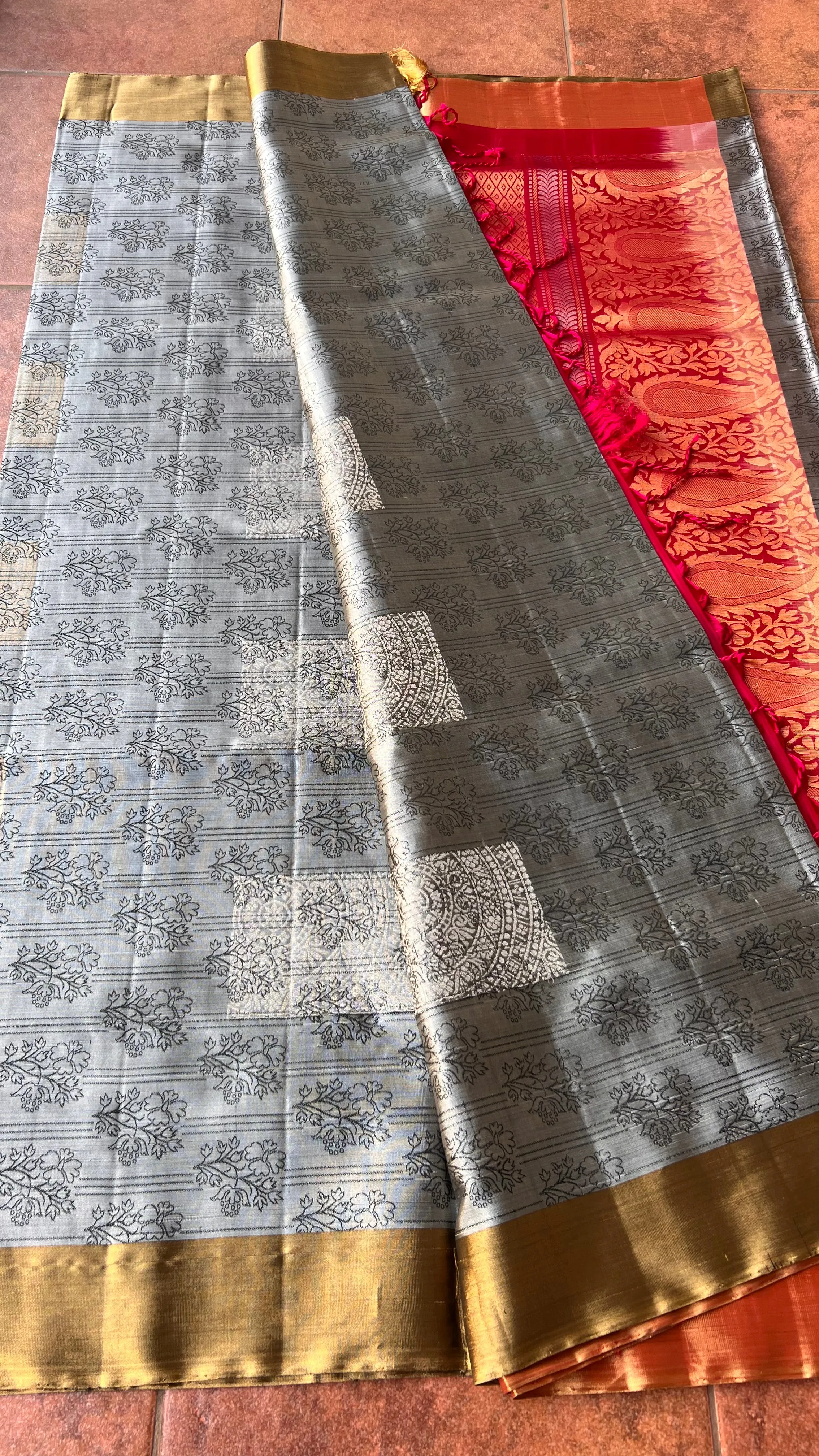 Grey and rani pink kanjivaram silk saree with blouse