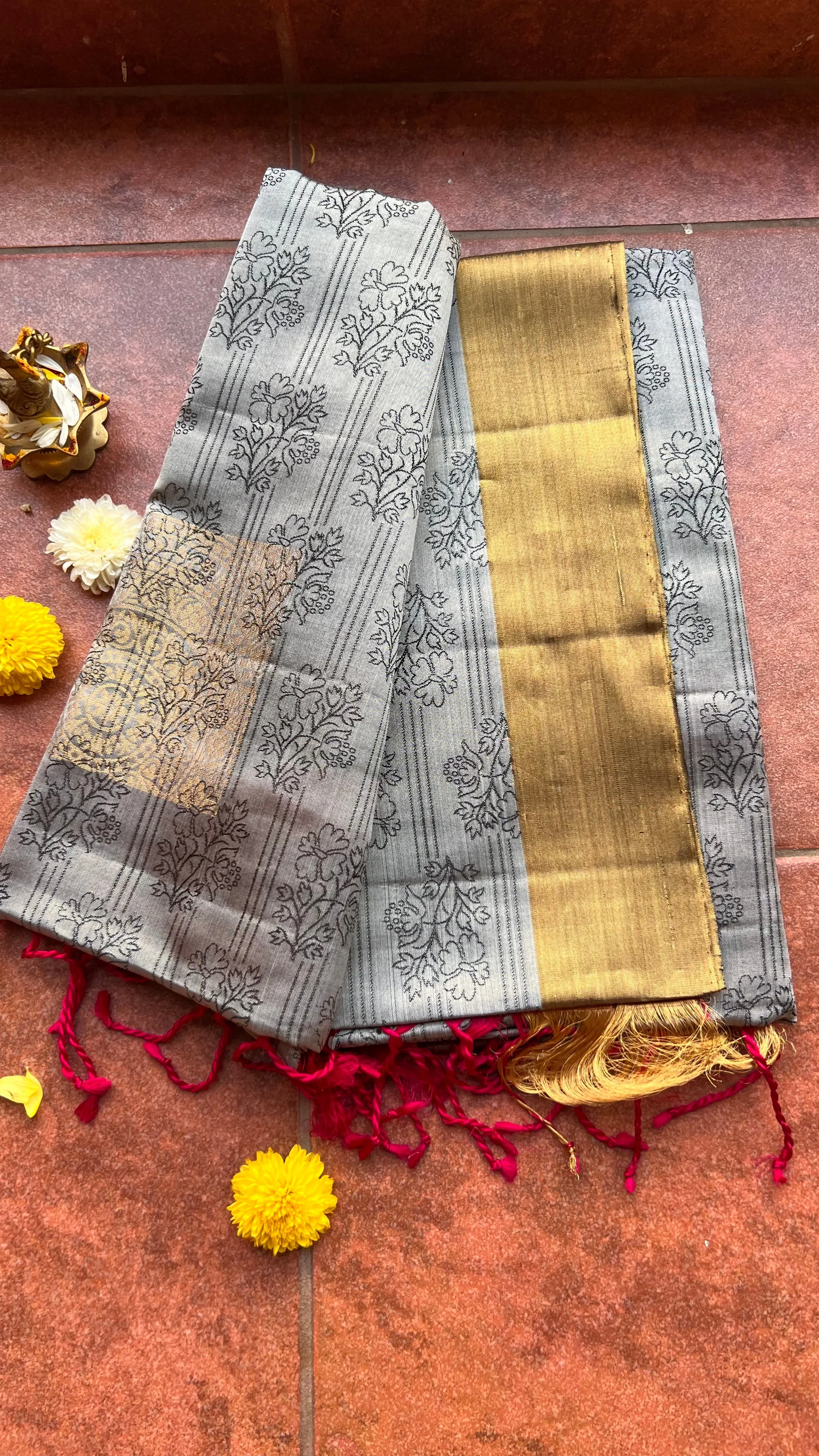 Grey and rani pink kanjivaram silk saree with blouse