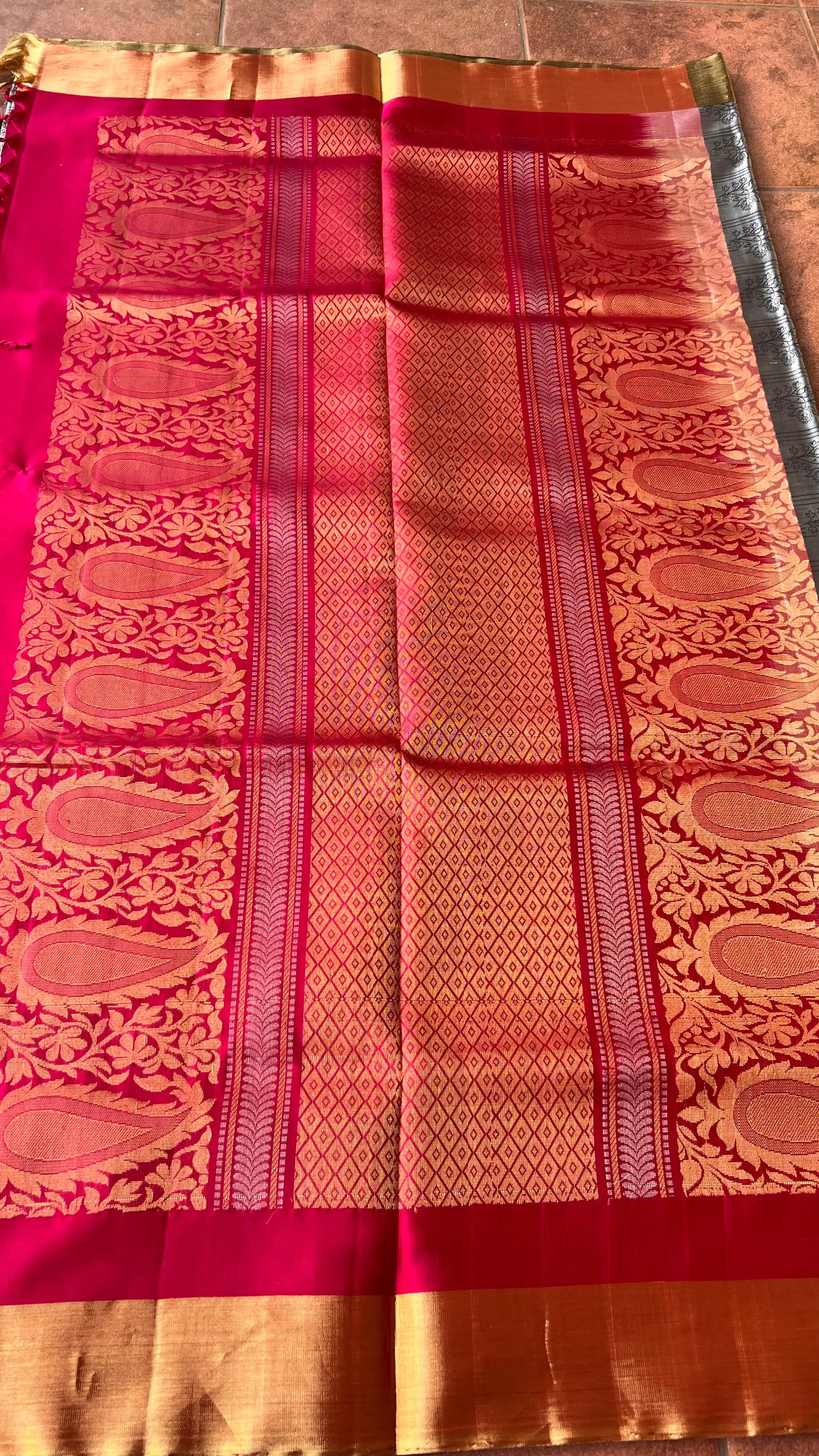 Grey and rani pink kanjivaram silk saree with blouse