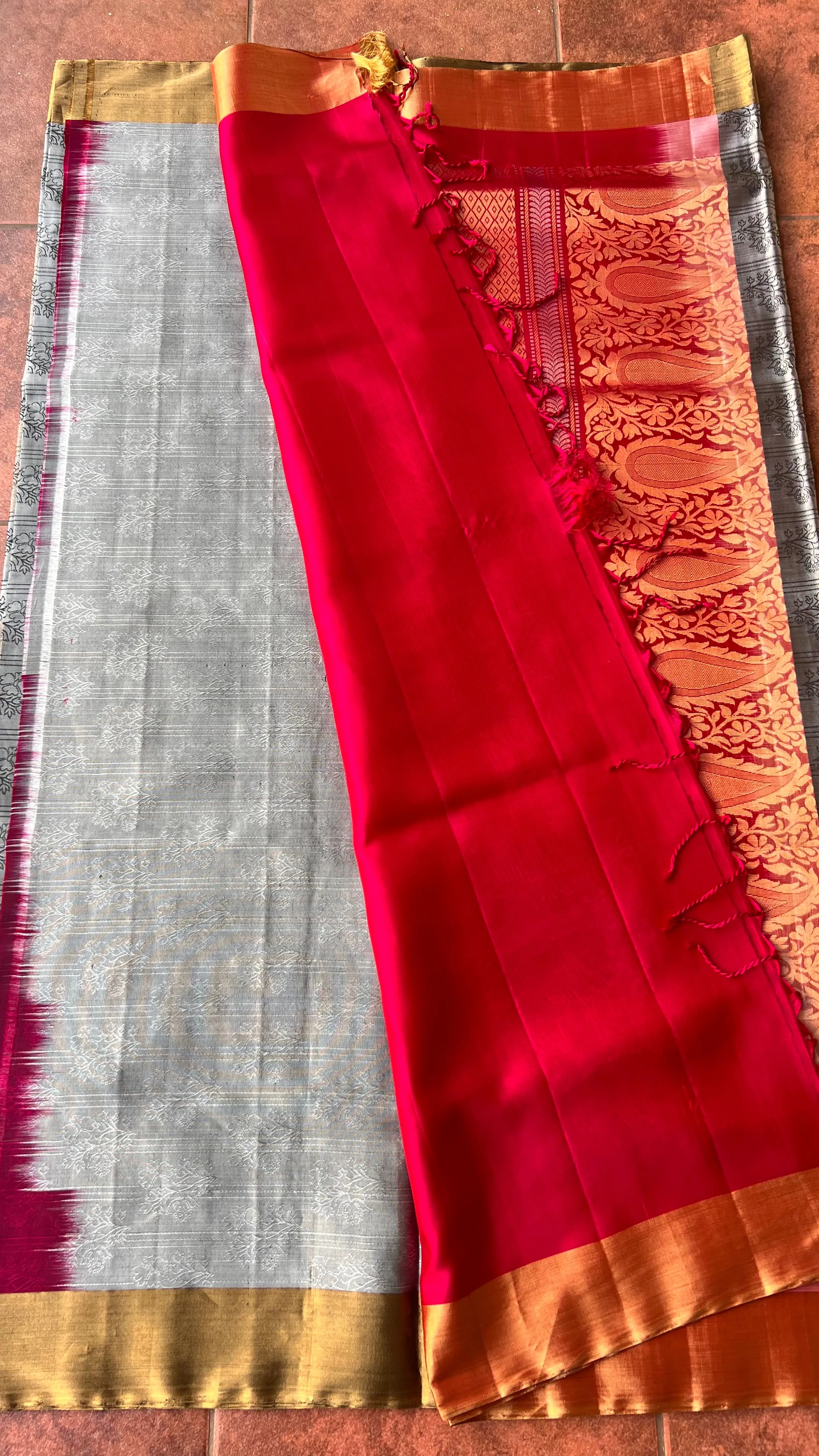 Grey and rani pink kanjivaram silk saree with blouse