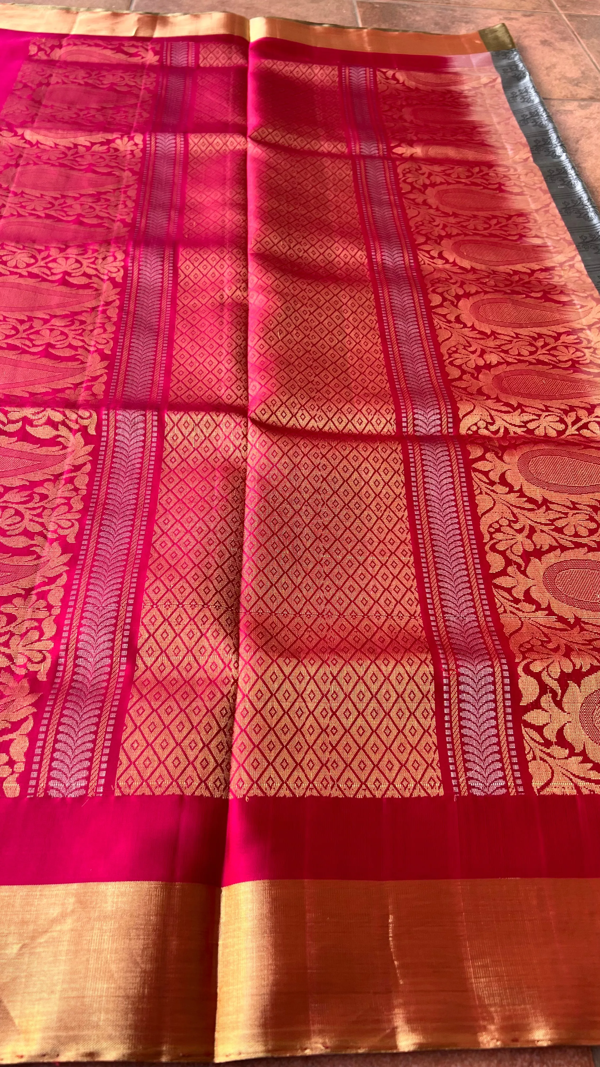 Grey and rani pink kanjivaram silk saree with blouse