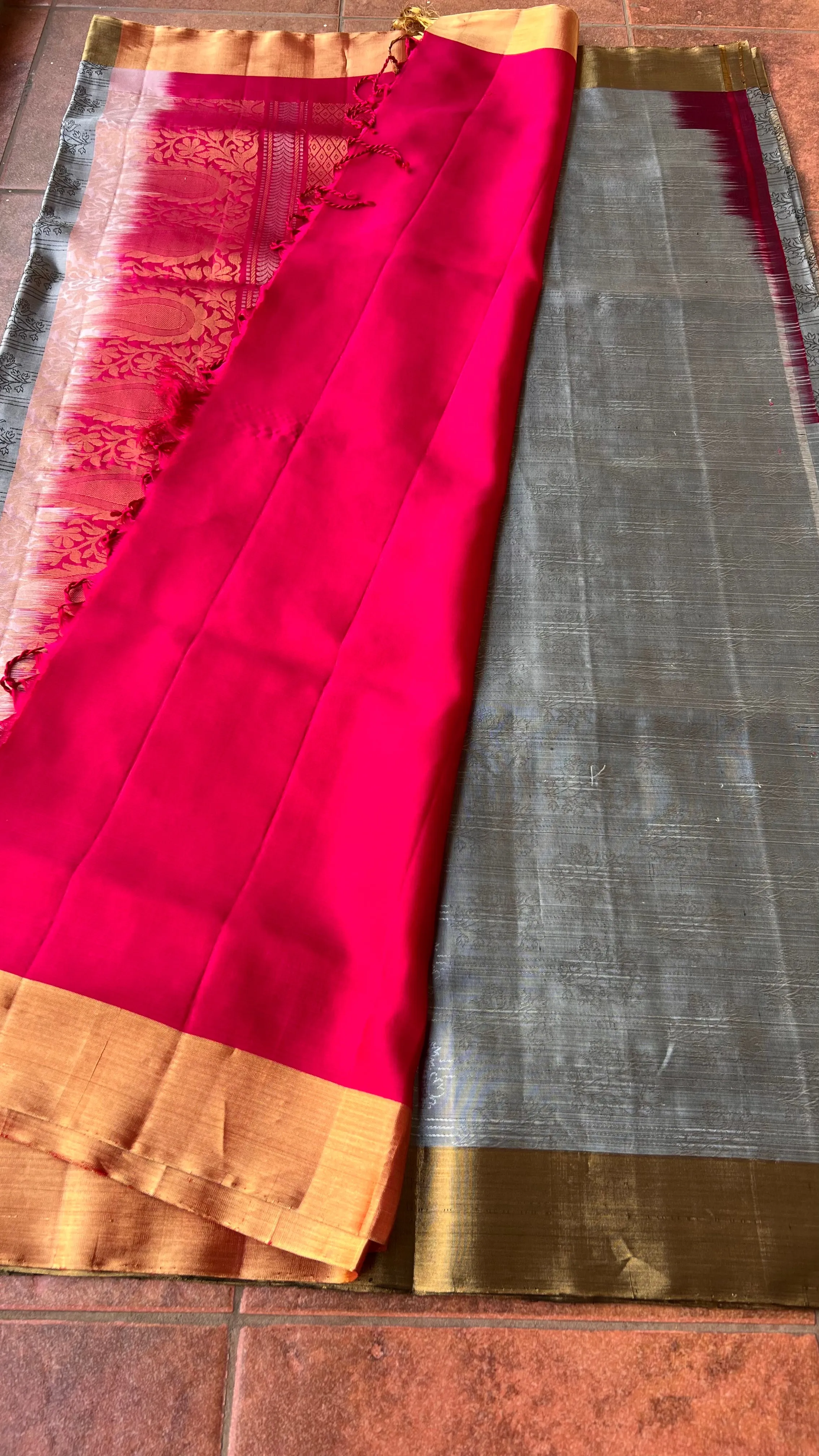 Grey and rani pink kanjivaram silk saree with blouse