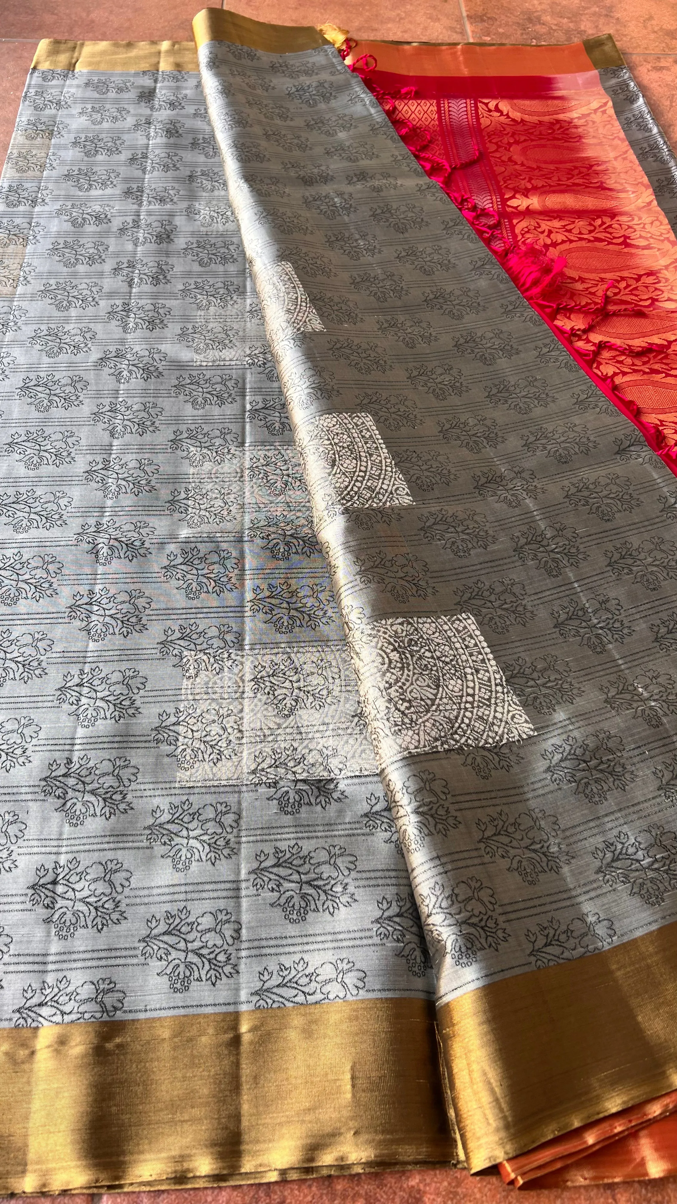 Grey and rani pink kanjivaram silk saree with blouse