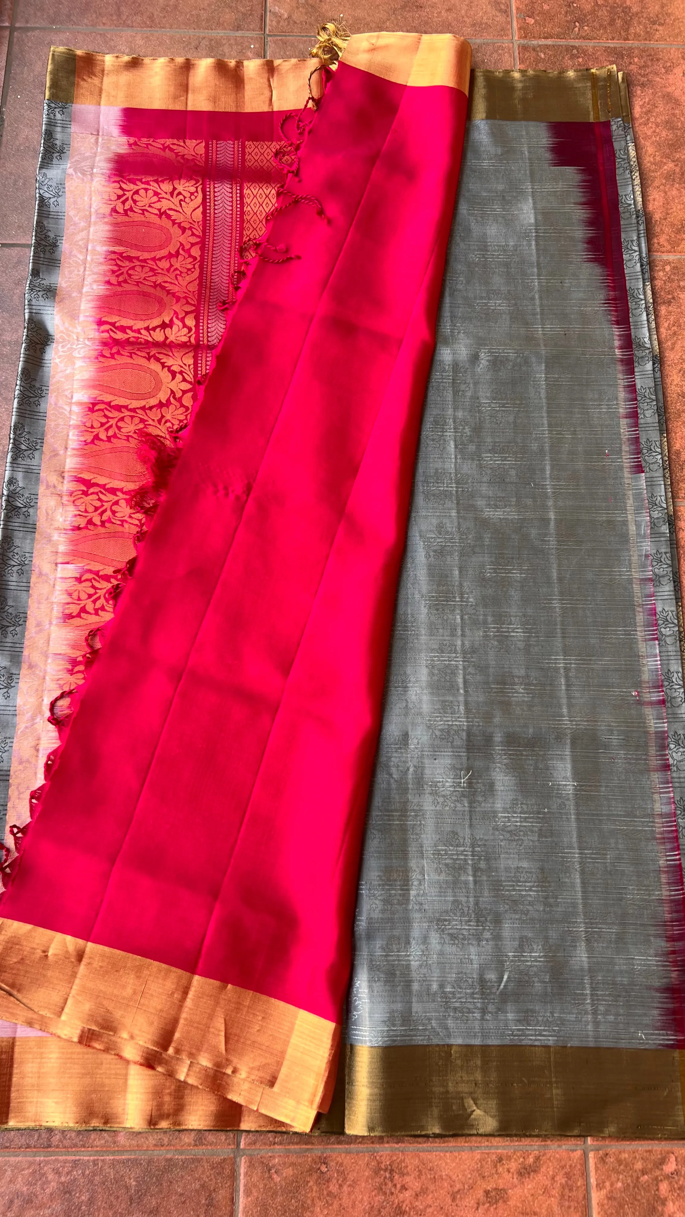 Grey and rani pink kanjivaram silk saree with blouse