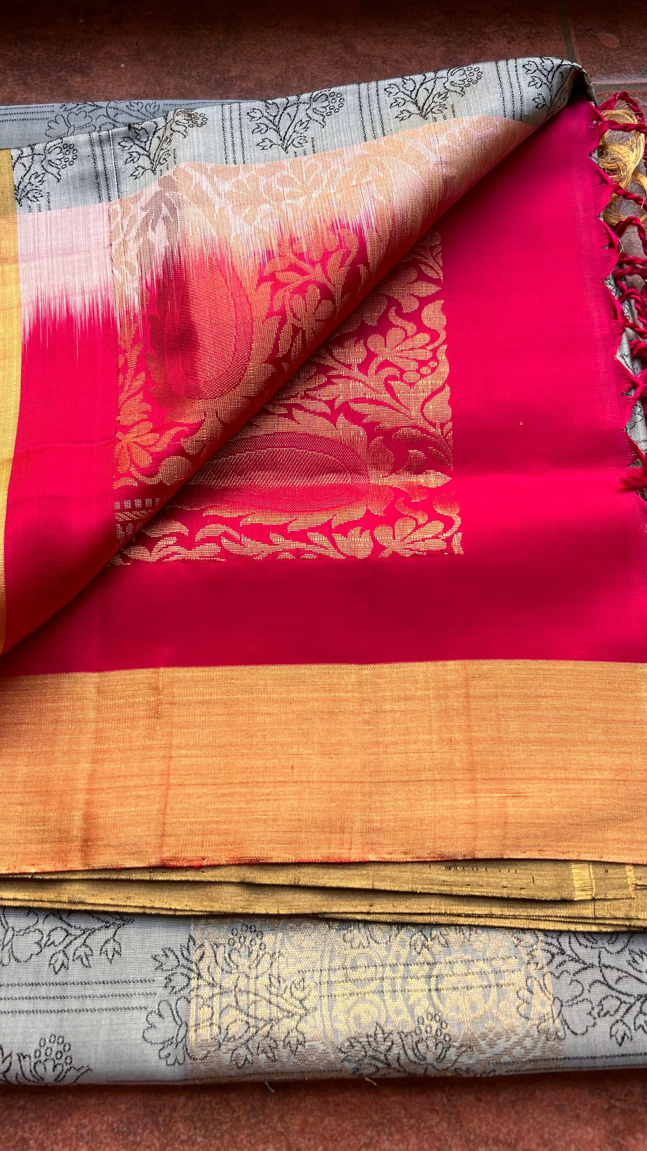 Grey and rani pink kanjivaram silk saree with blouse