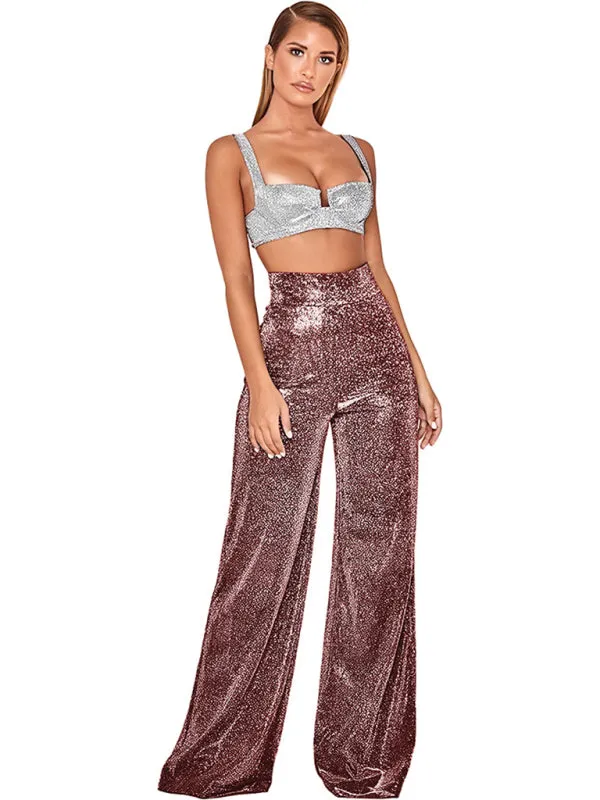 Hot Silver Wide Leg Pants High Waist Straight Ladies Casual Pants