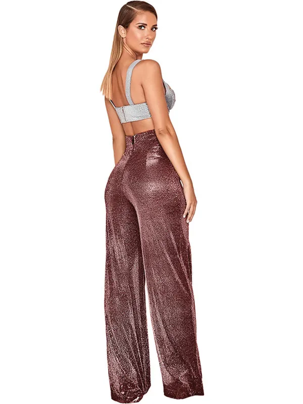 Hot Silver Wide Leg Pants High Waist Straight Ladies Casual Pants