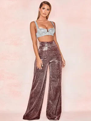 Hot Silver Wide Leg Pants High Waist Straight Ladies Casual Pants