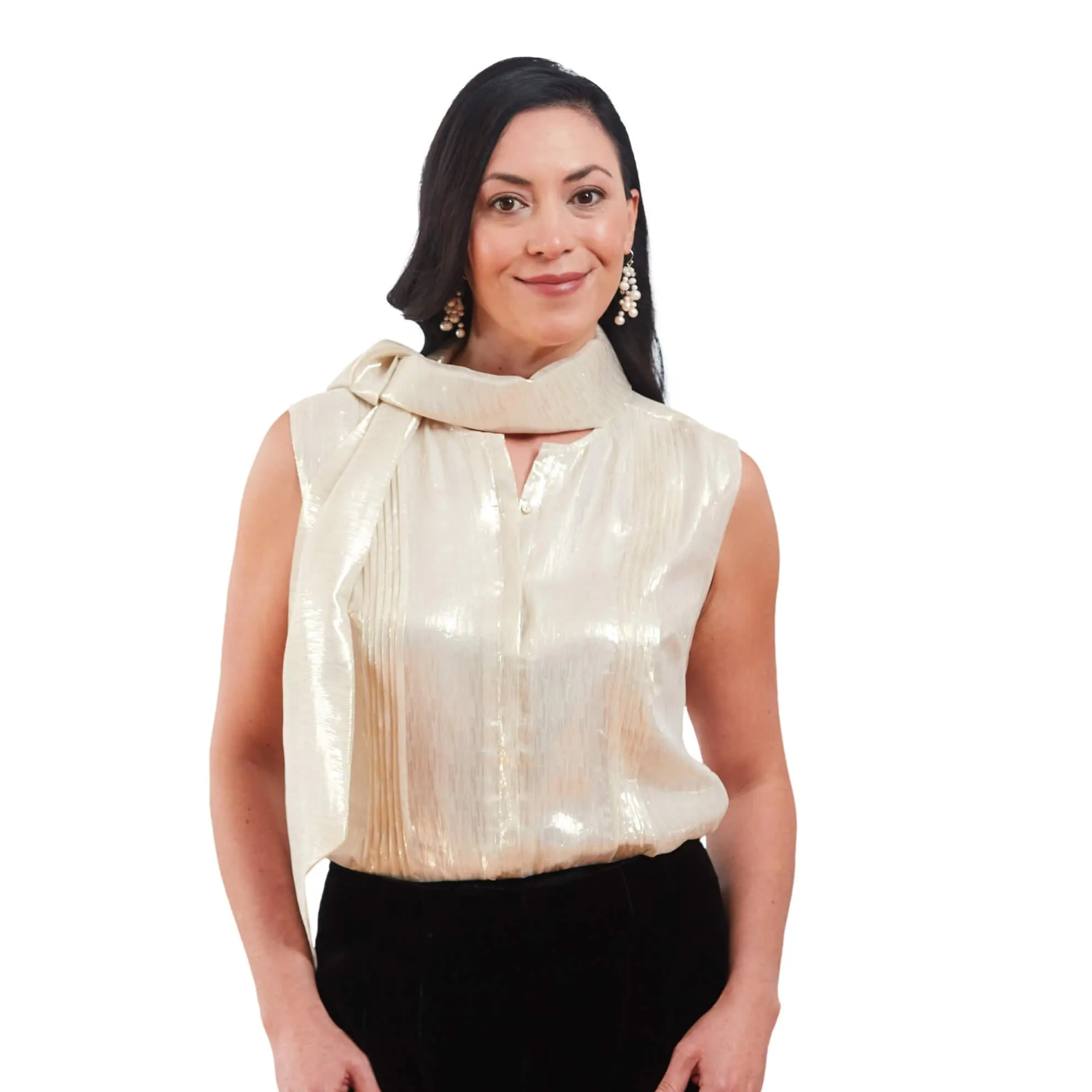 J. Peterman Women's Relaxed Fit Scarf Blouse - Dazzling Metallic Blouse - Silver