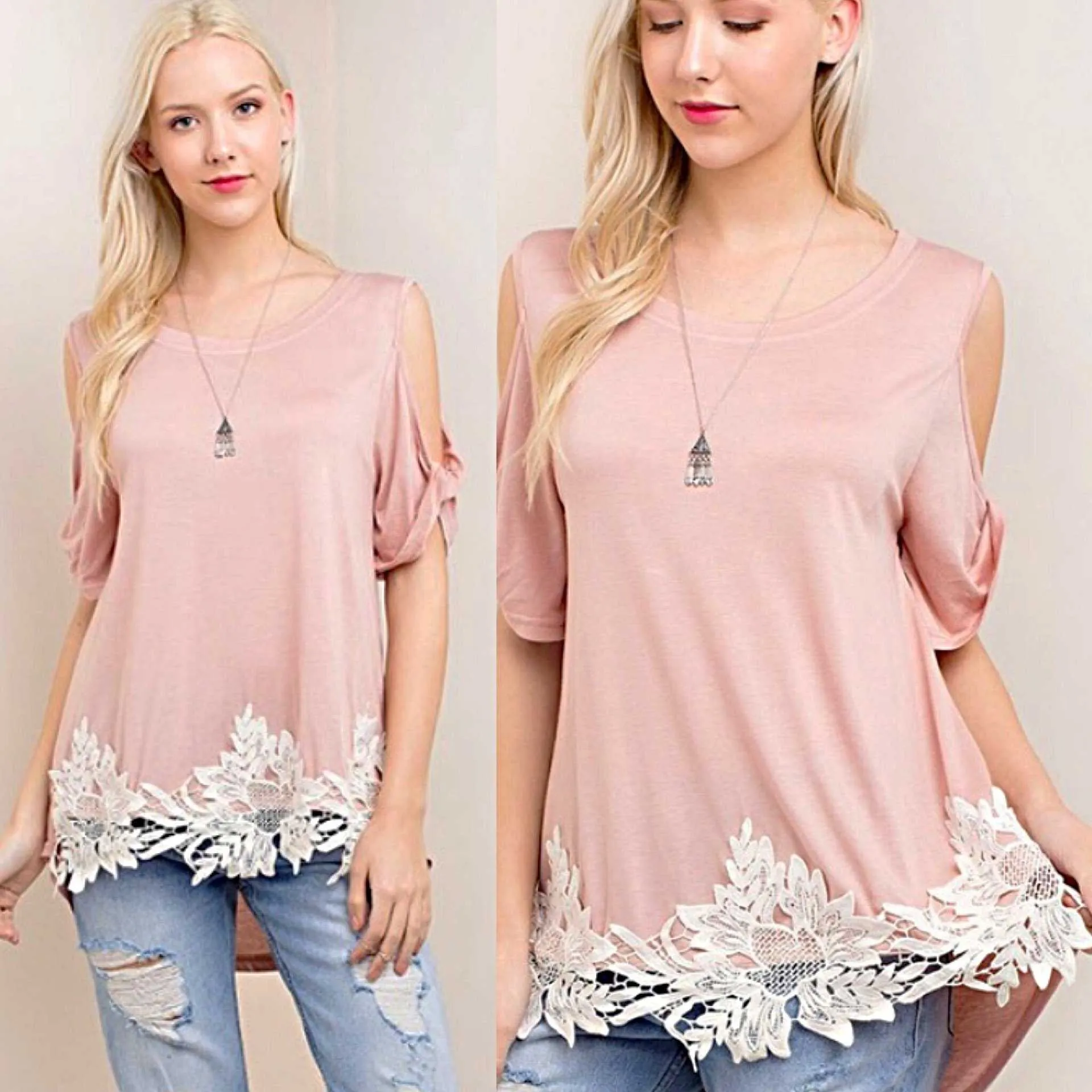 Kori America Blush Eyelash Lace Cold Shoulder Tunic