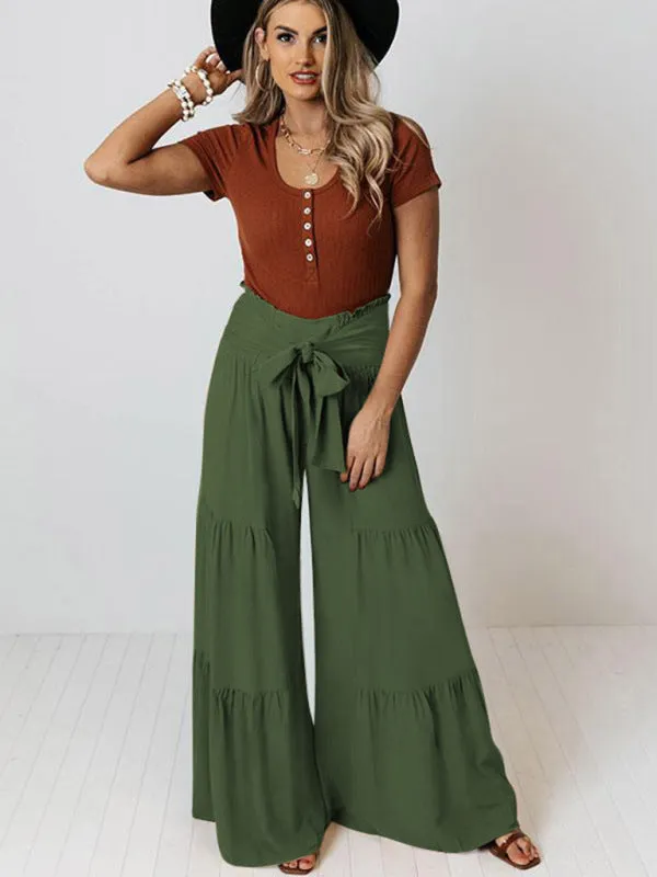 Lace Up Elastic Waist Pleated Wide Leg Pants