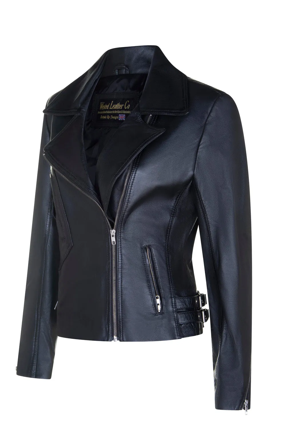 Ladies 2588 Black or Tan Fashion Biker Jacket with Unique Pockets in Soft Lambskin