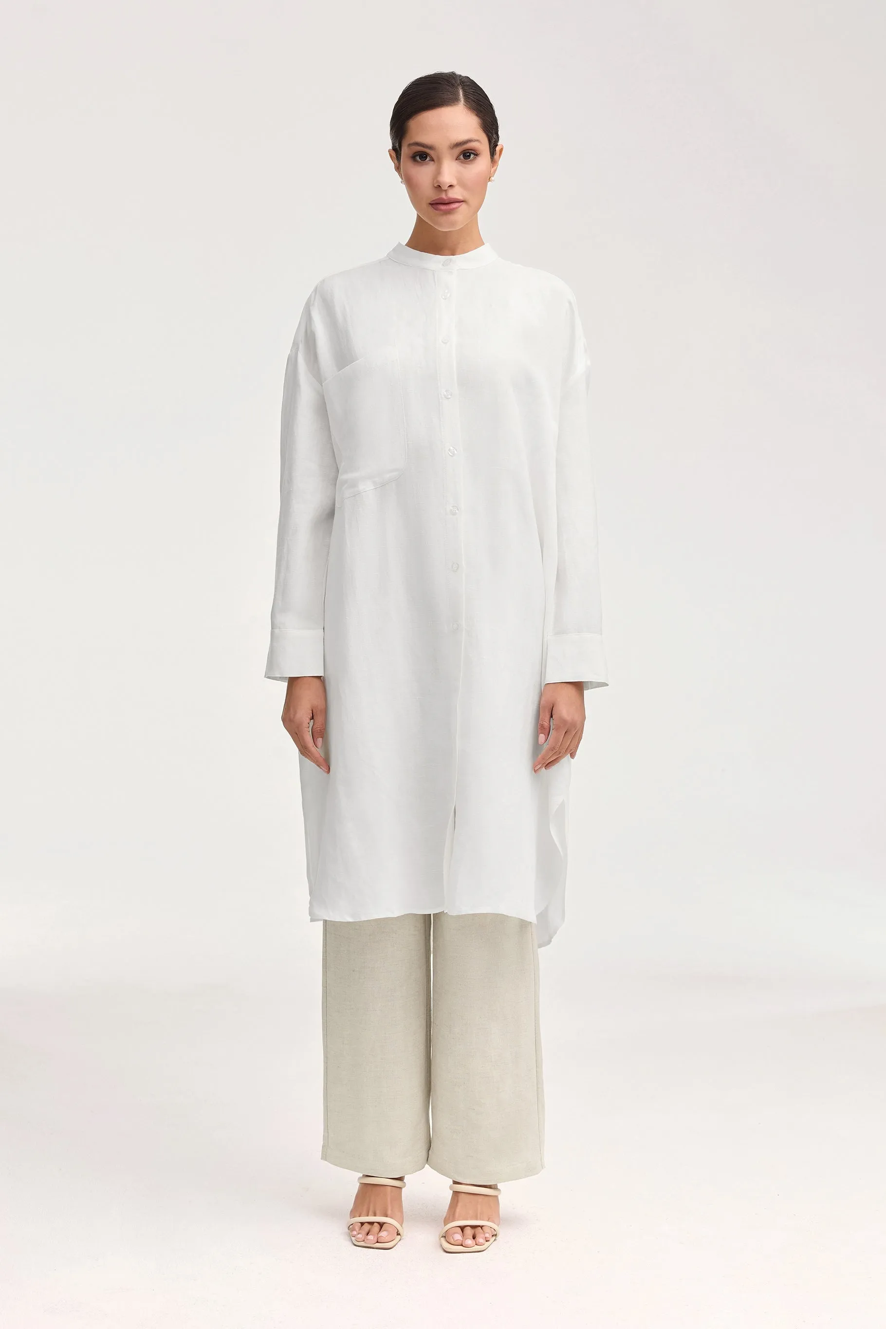 Linen Longline Button Down Cover Up Top - White