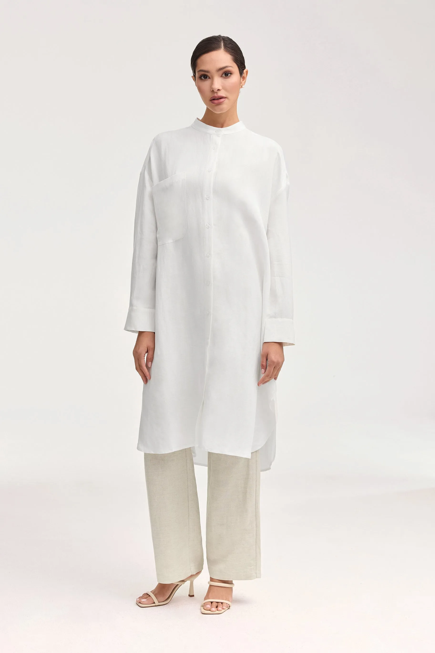 Linen Longline Button Down Cover Up Top - White