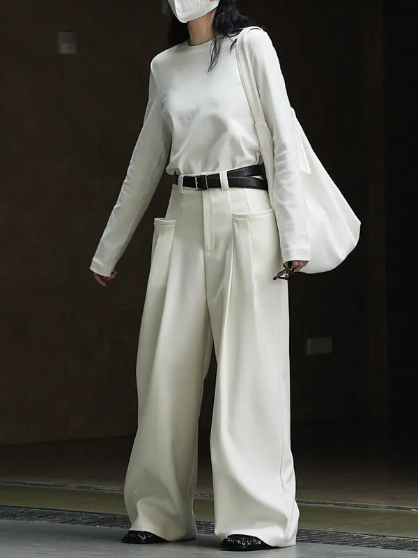 Loose Pleated Solid Color Wide Leg Pants Bottoms