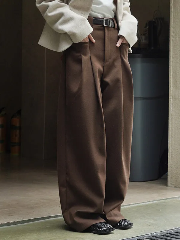 Loose Pleated Solid Color Wide Leg Pants Bottoms