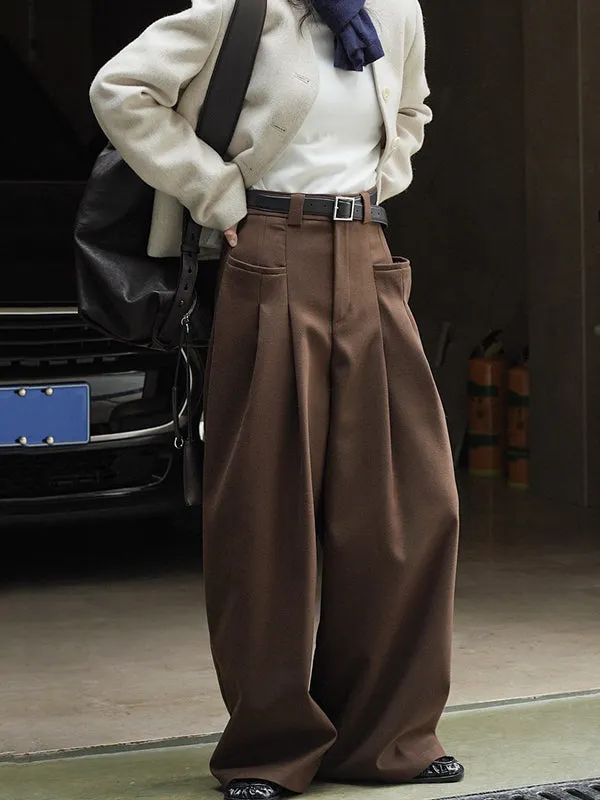 Loose Pleated Solid Color Wide Leg Pants Bottoms