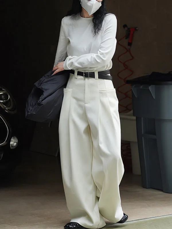 Loose Pleated Solid Color Wide Leg Pants Bottoms