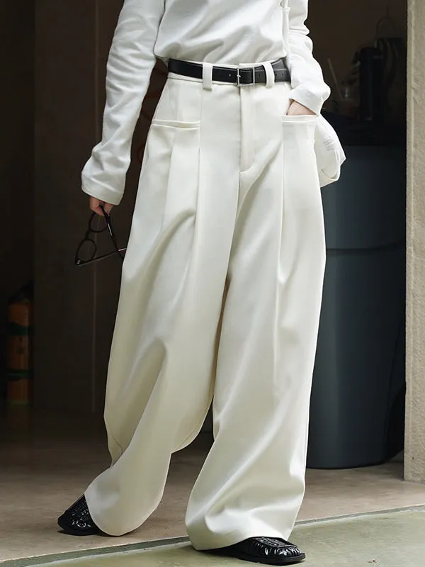 Loose Pleated Solid Color Wide Leg Pants Bottoms