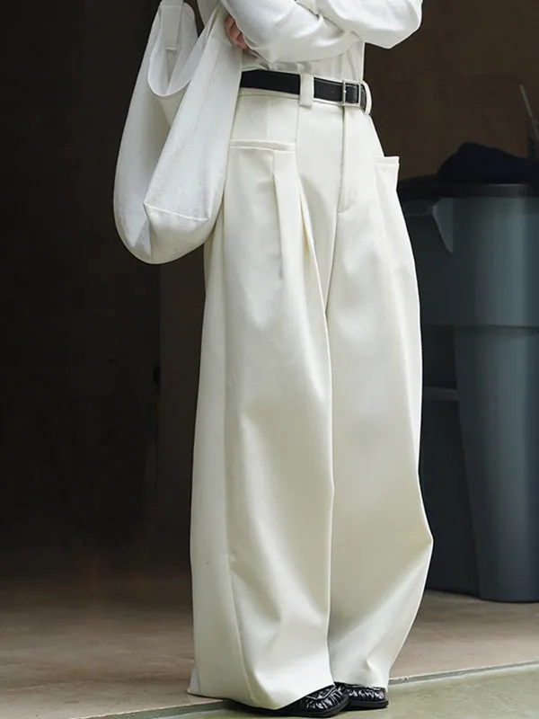 Loose Pleated Solid Color Wide Leg Pants Bottoms