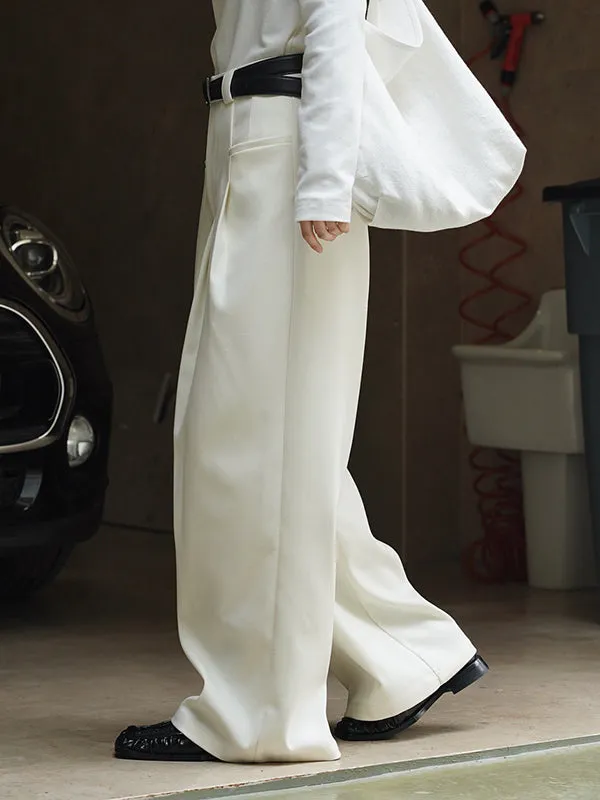 Loose Pleated Solid Color Wide Leg Pants Bottoms