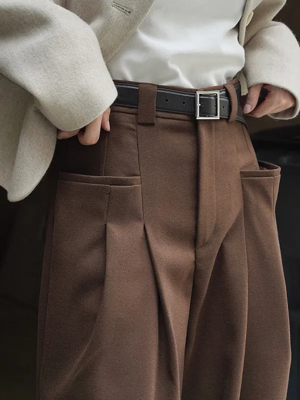 Loose Pleated Solid Color Wide Leg Pants Bottoms