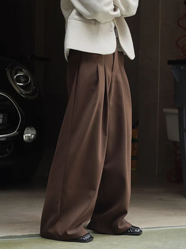 Loose Pleated Solid Color Wide Leg Pants Bottoms