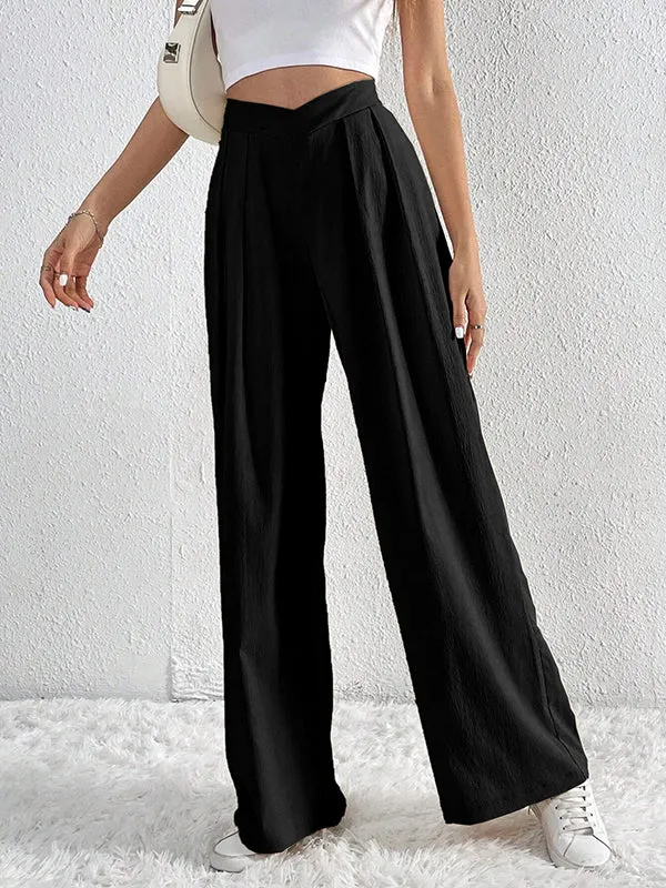 Loose Wide Leg Pleated Solid Color Pants Trousers