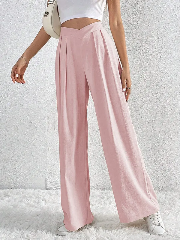 Loose Wide Leg Pleated Solid Color Pants Trousers