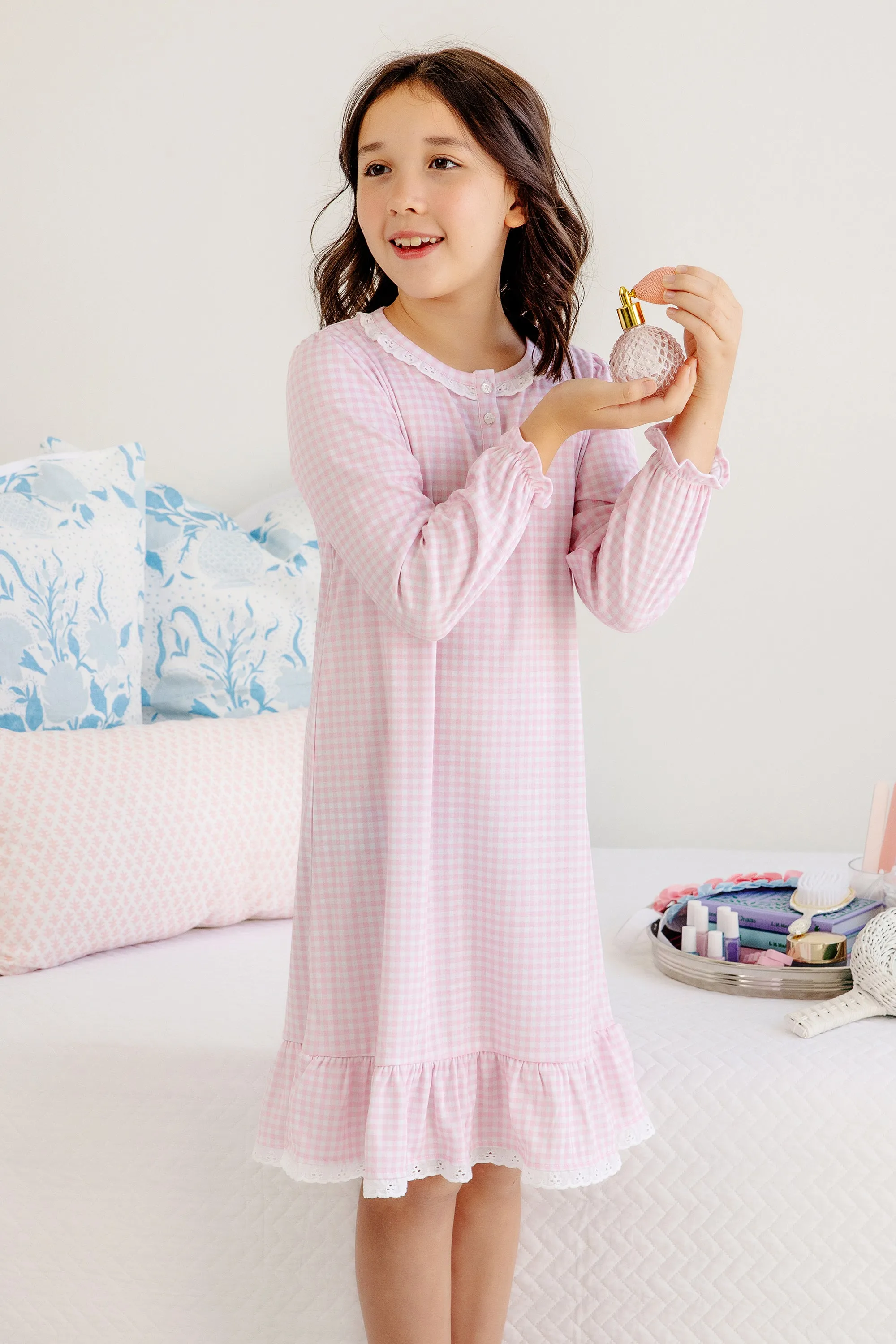 Marnie Morning Gown - Palm Beach Pink Gingham with Worth Avenue White Eyelet