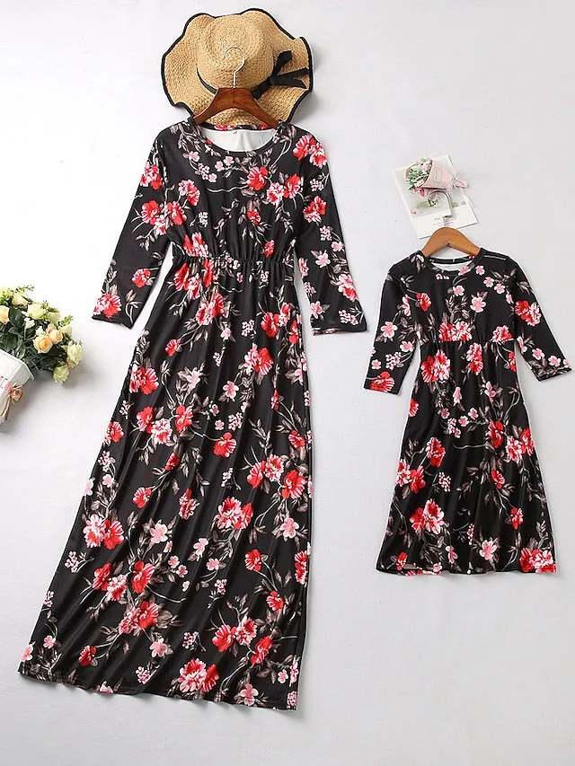 Mommy and Daughter  Maxi long Dress Half Sleeve Floral Print  Party Dress Fall Winter Round Neck Vacation Holiday  Matching Outfits